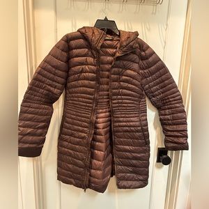 Arc’teryx Burgandy Long Lightweight Down Jacket with Hood